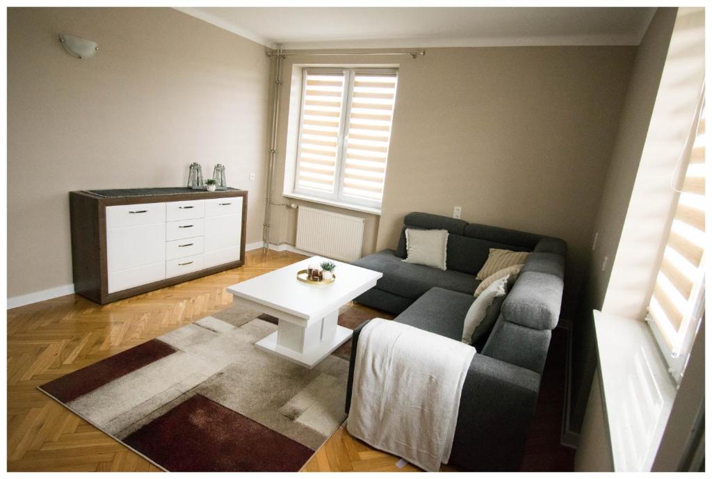 A light-filled living area features a gray sectional sofa accompanied by a white coffee table. A stylish area rug with geometric patterns is placed beneath the table. A wooden sideboard stands against the wall, complemented by soft natural light filtering through striped window blinds.