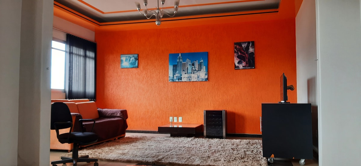 A vibrant living area features an orange accent wall adorned with three framed images. A brown sofa is positioned beside a shag rug, while a small black table and a chair are placed in the space. Large windows allow natural light to enter.