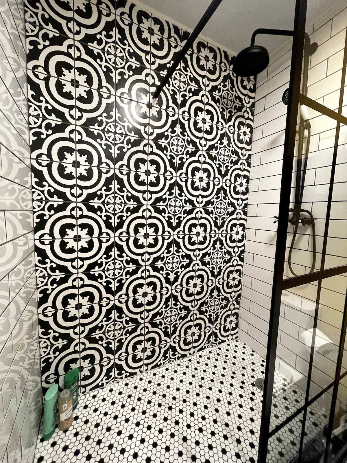 The bathroom showcases a uniquely patterned black and white tiled shower area, featuring a modern showerhead and sleek glass door. The floor is adorned with small black and white hexagonal tiles, complementing the decorative wall tiles that enhance the overall design.