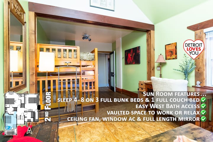 Sun Room ~ 2nd floor ~ sleep 4-8 on 3 full-size bunk beds & full-size couch bed ~ best work space