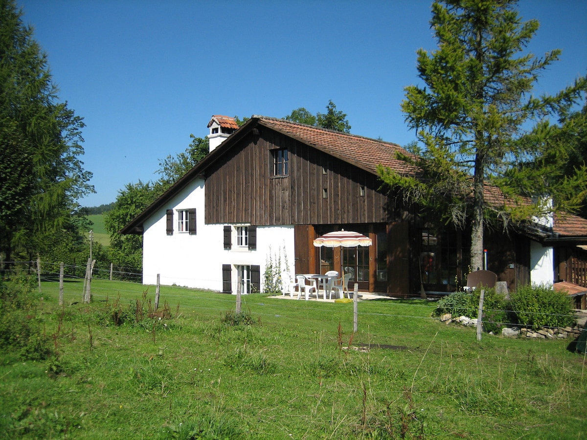 A tranquil countryside house is surrounded by lush greenery, featuring a wooden exterior and a sloping roof. An outdoor seating area with white chairs and an umbrella is visible on the lawn, providing a space for relaxation amidst nature.