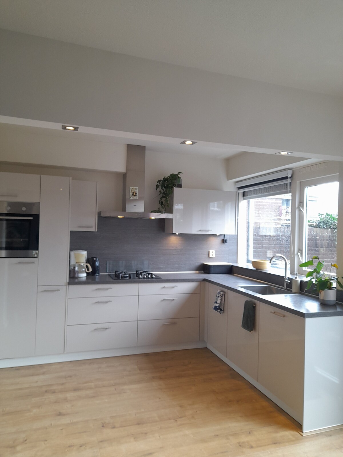A modern kitchen features sleek white cabinetry with silver handles and a dark countertop. The cooking area is equipped with a gas stove and oven. Natural light floods in through a large window, illuminating small indoor plants situated on the countertop.