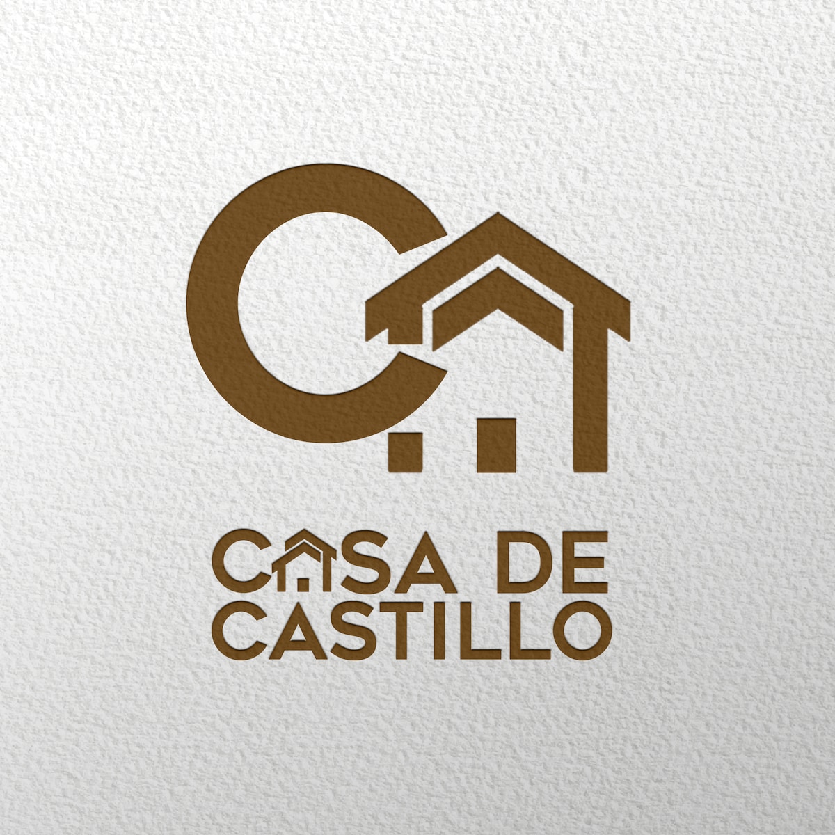 The image displays a modern logo for Casa de Castillo, featuring a stylized house icon integrated with the letters 'C' and 'H.' The logo is presented in a warm brown color against a textured white background.