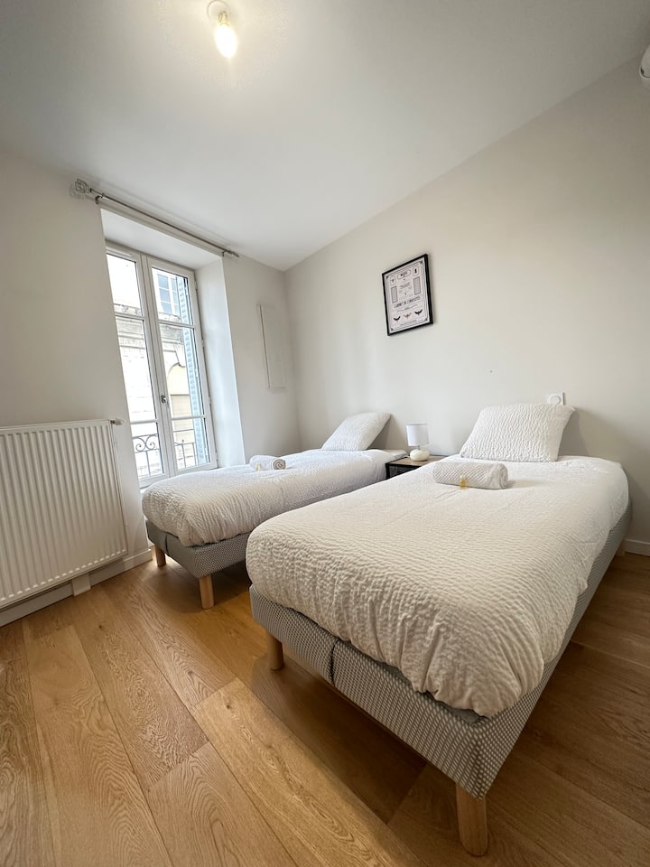 Chambre avec deux lits simples et grands rangements