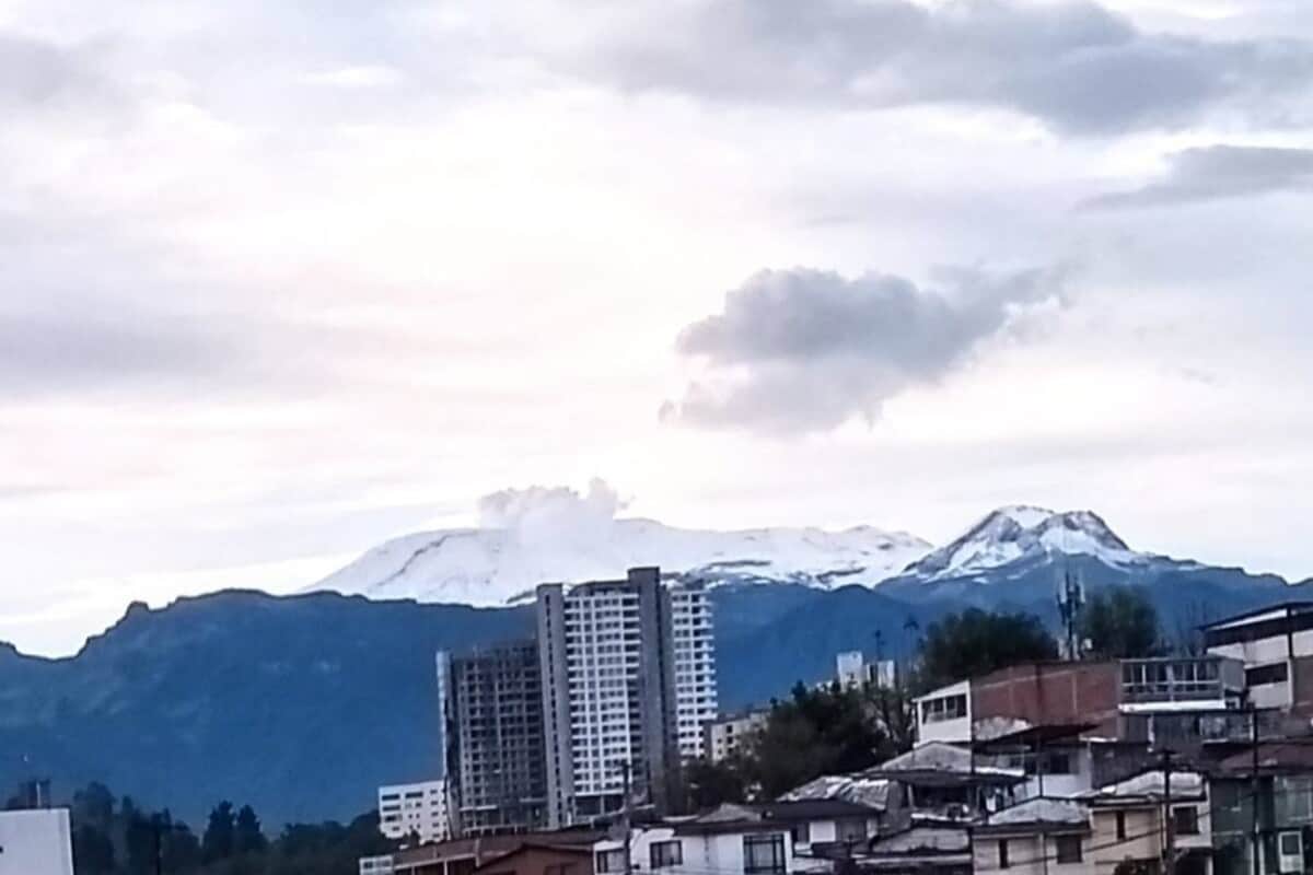 A distant view of snow-capped mountains is captured against a soft, cloudy sky. Suburban buildings are visible in the foreground, creating a contrast between the urban landscape and the natural beauty of the mountains.