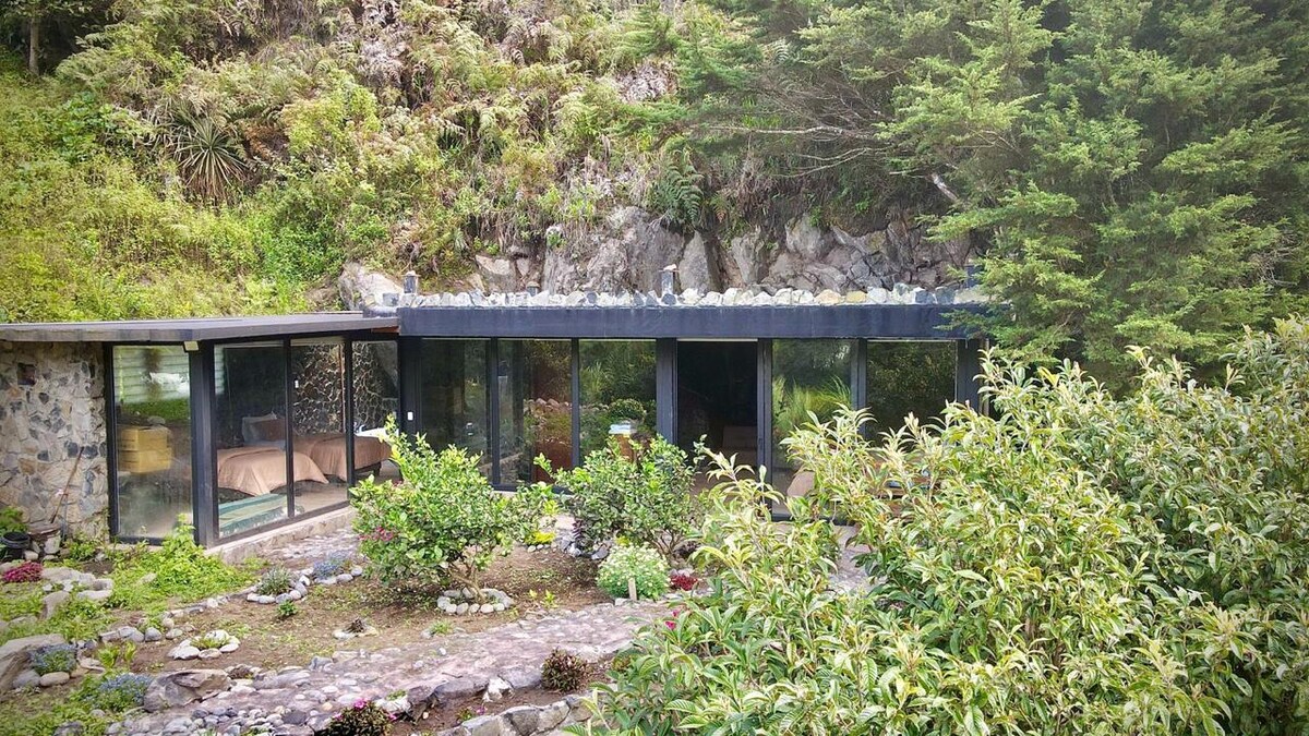 The cabin is set against a lush mountainous backdrop, featuring large windows wrapped in stone. A winding stone path leads to the entrance, flanked by vibrant greenery and ornamental plants, creating a serene outdoor atmosphere.