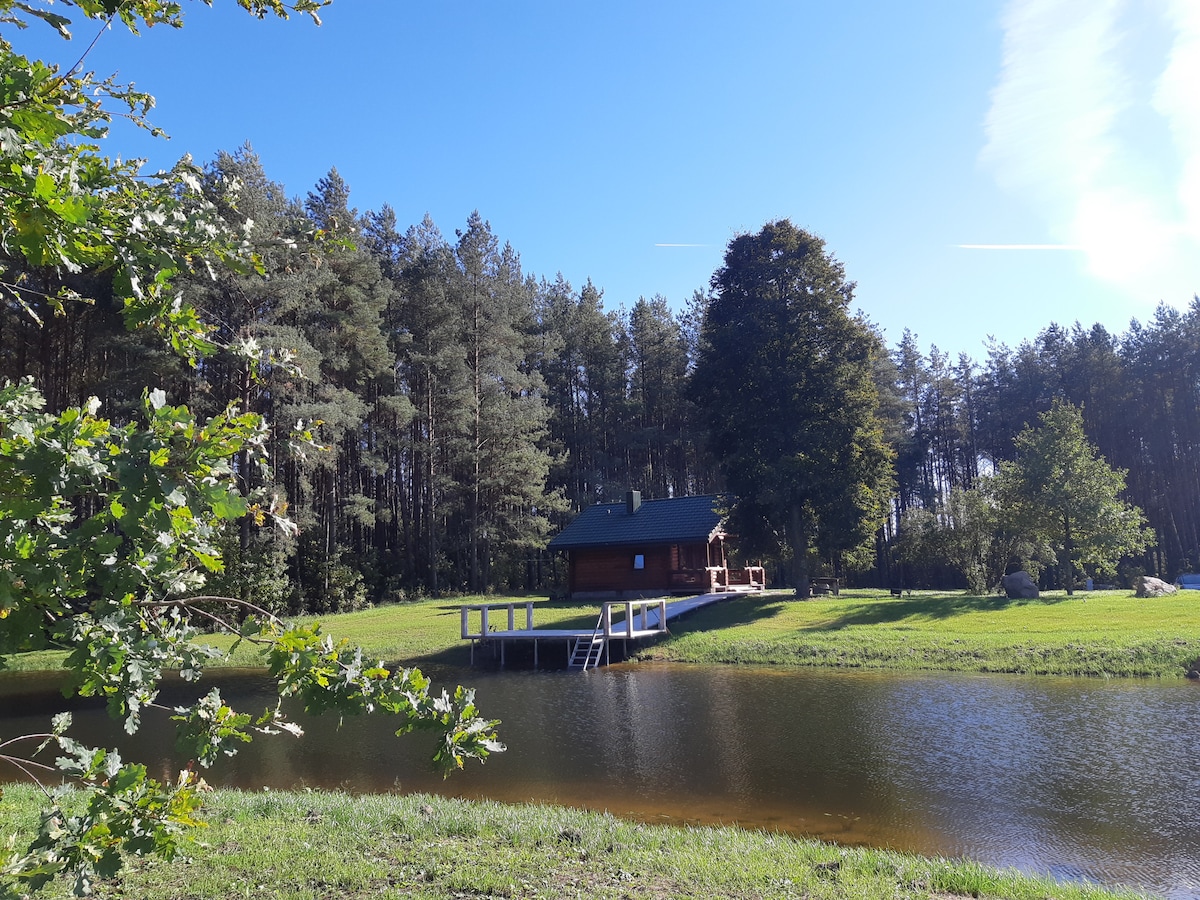 A wooden cabin is situated near a serene pond, surrounded by lush greenery and tall trees. A wooden deck extends over the water, providing a space for relaxation. The clear blue sky enhances the natural setting, creating a peaceful atmosphere.