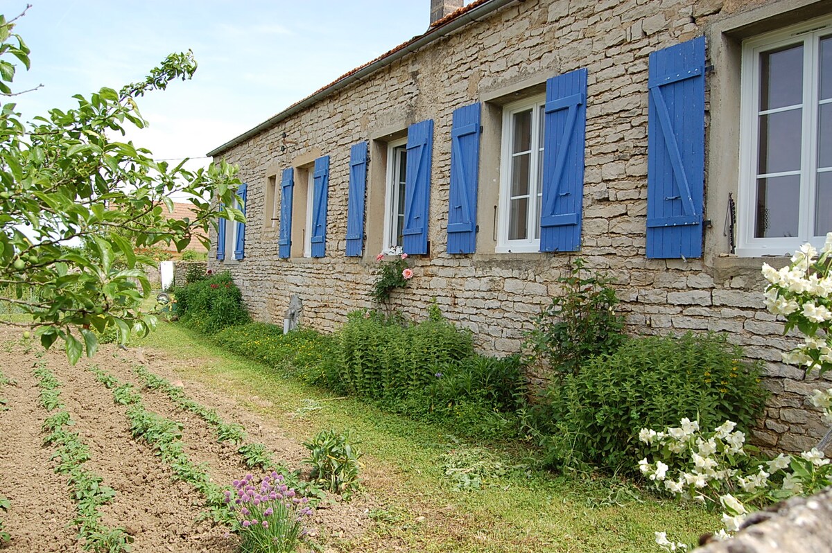The image showcases a stone house featuring several blue shutters. A well-tended garden is visible in the foreground, with rows of young plants and blooming flowers along the path. The serene exterior is enhanced by greenery surrounding the building.