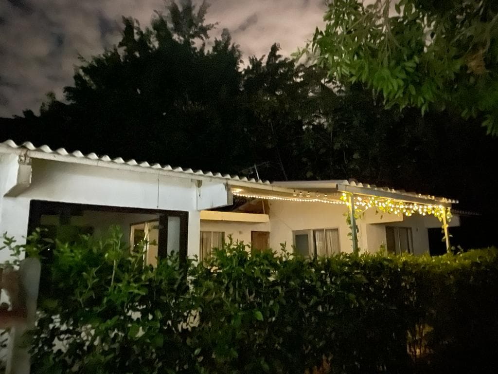 A charming white exterior of a single-story house is framed by lush greenery and features a subtle string of warm lights along the roofline. The night sky enhances the serene setting, while large windows allow glimpses of the interior.