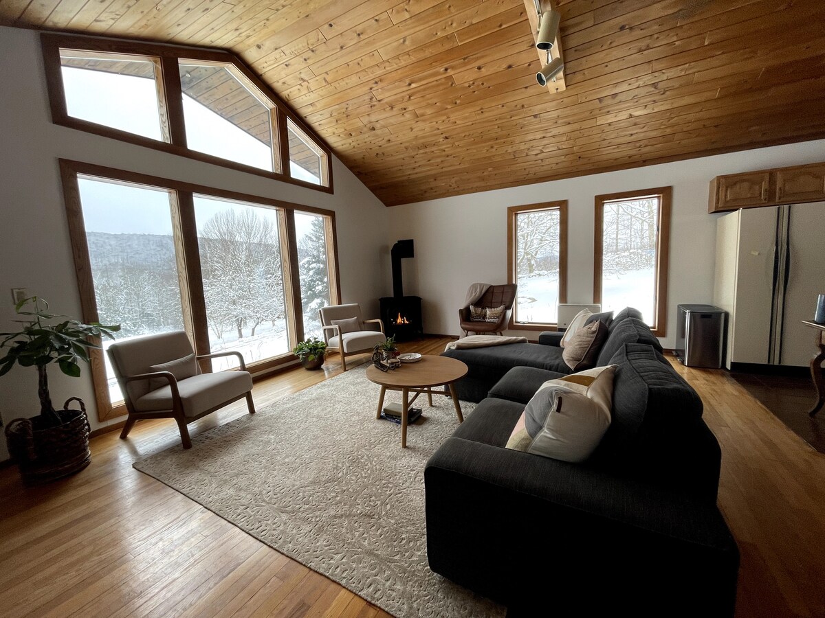 A spacious living area features a large sofa and comfortable chairs arranged around a circular coffee table. Tall windows allow views of the snowy landscape outside, while a small fireplace adds warmth to the room. Wood paneling and a hardwood floor contribute to the cozy ambiance.