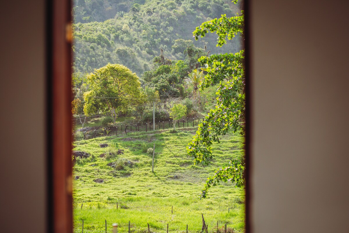 A view through an open door frames a lush green landscape, dotted with trees and gently rolling hills. The vibrant greenery is complemented by natural sunlight filtering in, creating a serene atmosphere that emphasizes the surrounding nature.