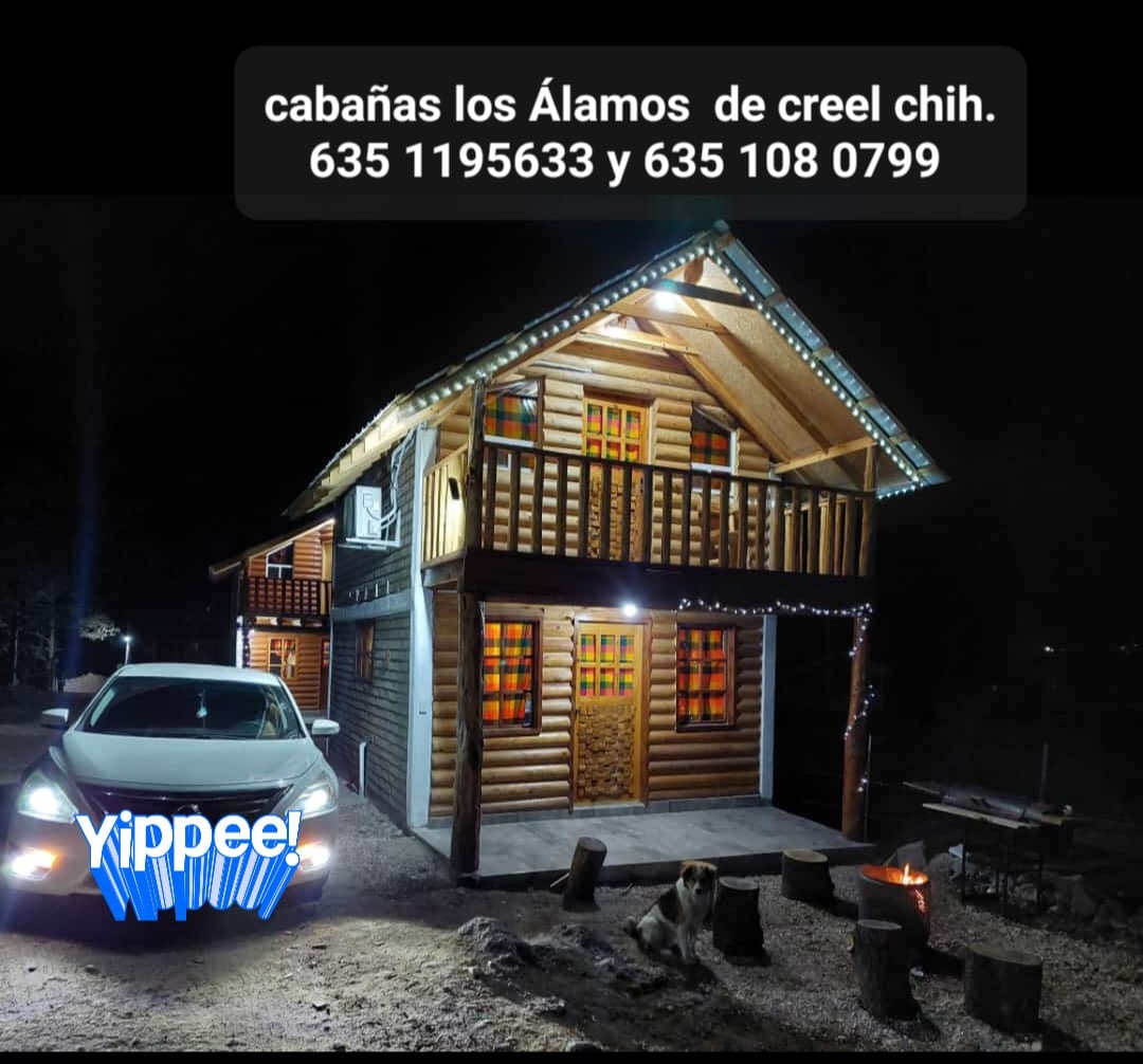 A charming wooden cabin is illuminated at night, showcasing its rustic architecture with a steeply pitched roof and multiple windows. A vehicle is parked nearby, while soft lighting highlights the cabin’s inviting entrance. Surrounding trees create a serene setting.