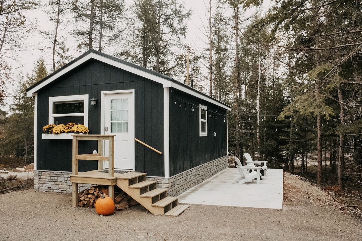 A rustic black cottage stands in a wooded area, featuring a stone accent foundation. A small set of stairs leads to a white door, complemented by a window adorned with potted yellow flowers. A pumpkin sits on the ground next to outdoor seating on a concrete patio.