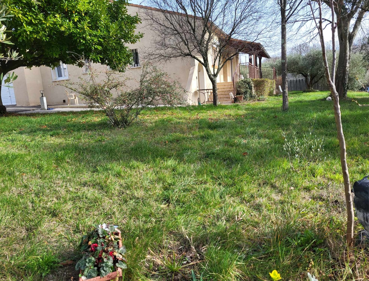 A view of the exterior of a family home, featuring a well-maintained garden with lush green grass. A pathway leads to the entrance, which is adorned with trees and shrubs. Natural light enhances the inviting atmosphere of this peaceful outdoor space.