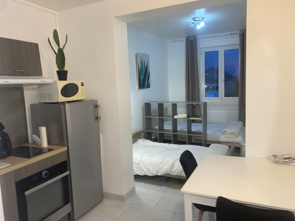 An open-concept living space displays a kitchenette featuring modern appliances and a refrigerator. A table with chairs defines the dining area, while a cozy sleeping area, furnished with twin beds and a bookshelf, is illuminated by natural light from the window.