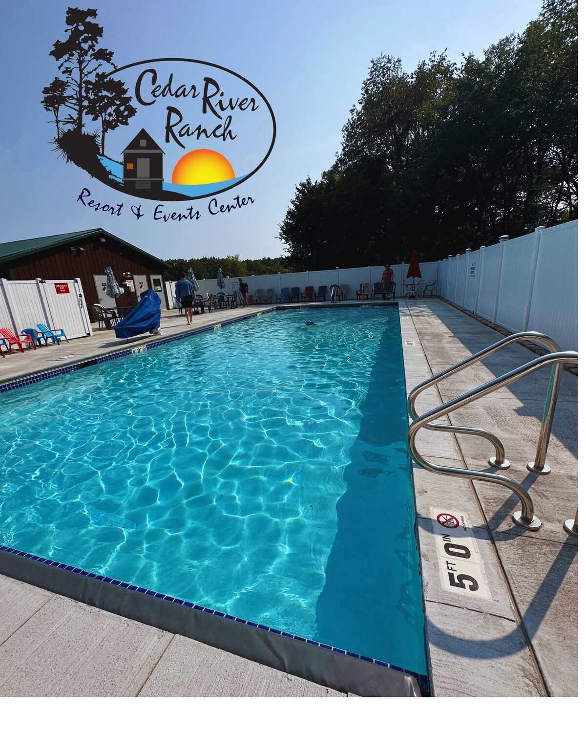 A bright, inviting pool area is shown, featuring clear blue water and surrounded by a paved deck. Red and blue lounge chairs are arranged nearby, while a diving board is visible at one end. A fenced area provides privacy, with trees in the background.