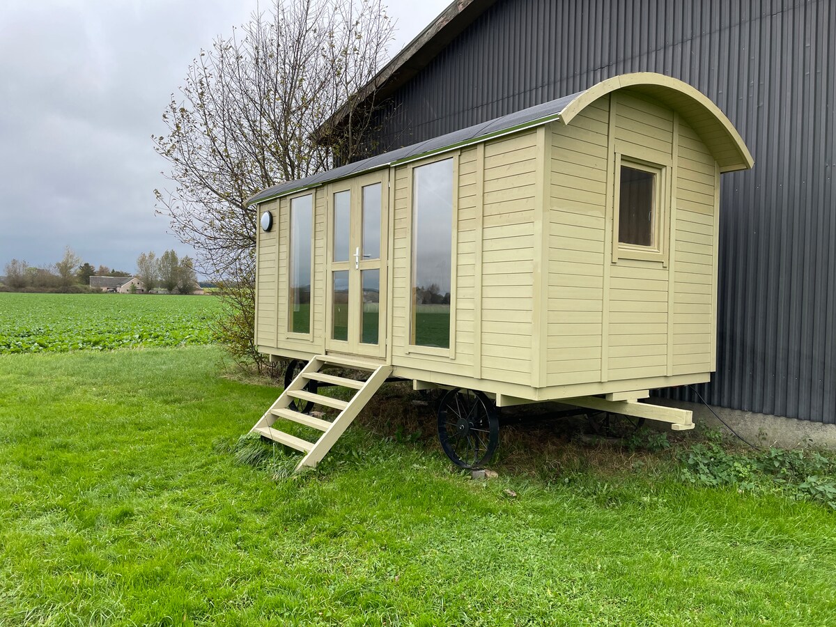 A rustic tiny house on wheels features a light-colored wooden exterior and large glass doors. It is set against a backdrop of lush green fields and a dark barn wall. A set of steps leads up to the entrance, inviting exploration.