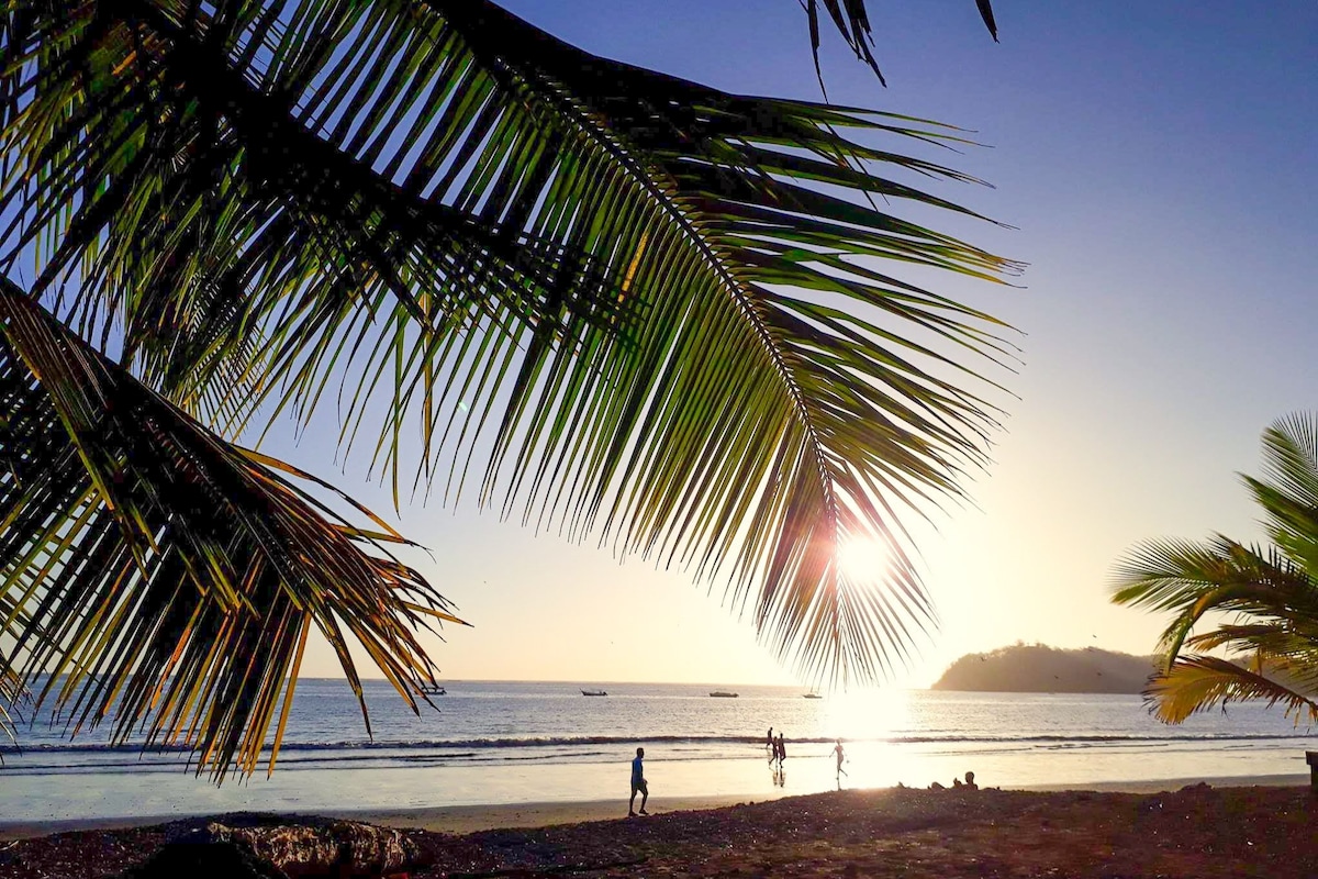 A sunlit beach scene is framed by palm leaves, casting gentle shadows on the sand. The ocean sparkles in the background, while several figures enjoy the shoreline. The setting sun creates a warm glow over the water, with silhouettes of distant hills visible.