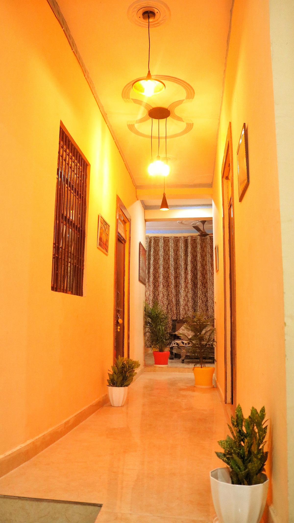 A warmly lit corridor features a smooth tiled floor and light orange walls. Potted plants are positioned along the sides, adding a touch of greenery. Decorative wall frames can be seen, and a modern pendant light hangs from the ceiling, illuminating the space.
