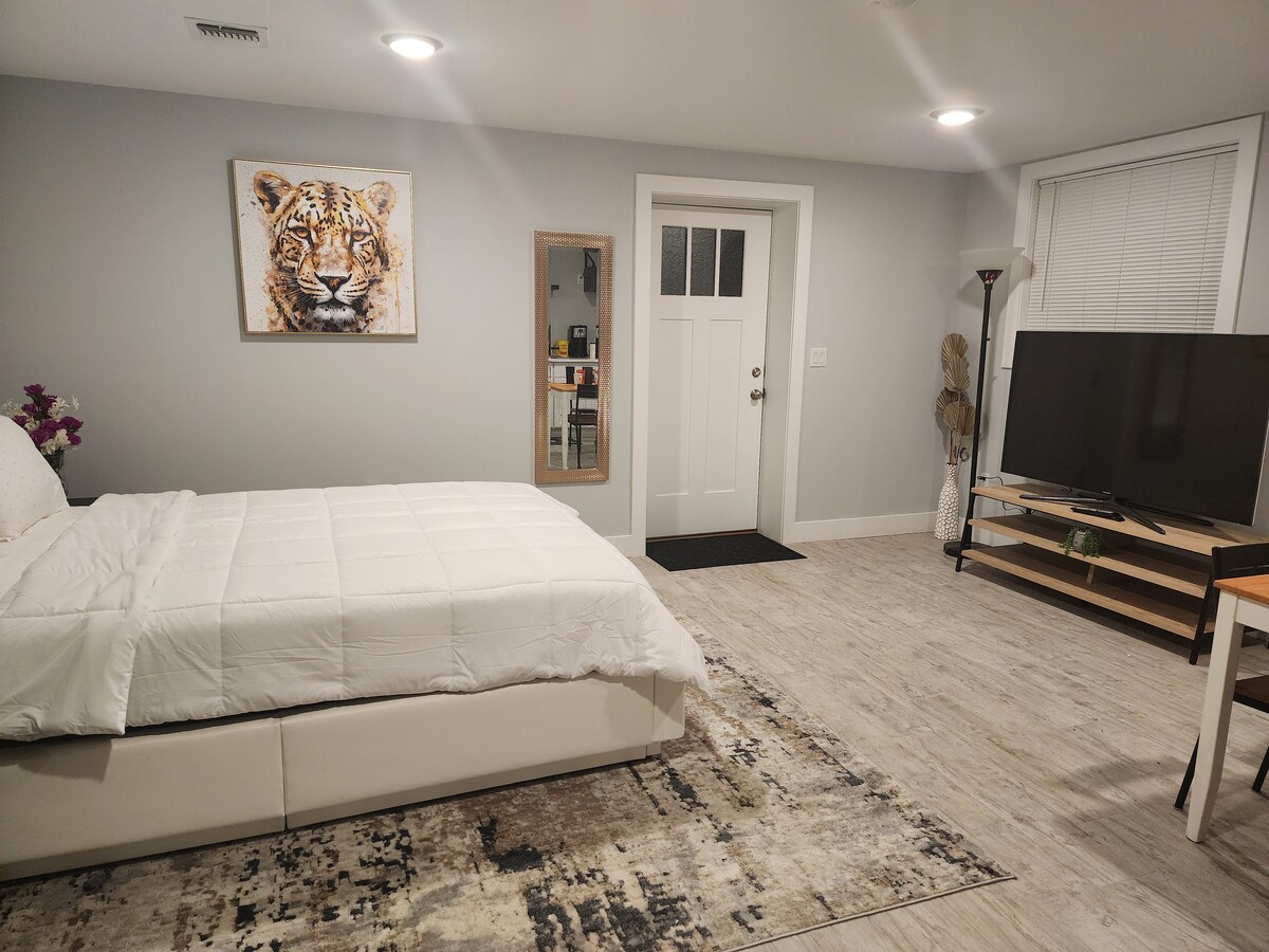 A spacious studio layout features a queen bed with a white quilt. A large TV is positioned on a wooden stand, and a door leads outside. A decorative wall art piece of a tiger is visible above the bed, complemented by a small mirror and lamp.