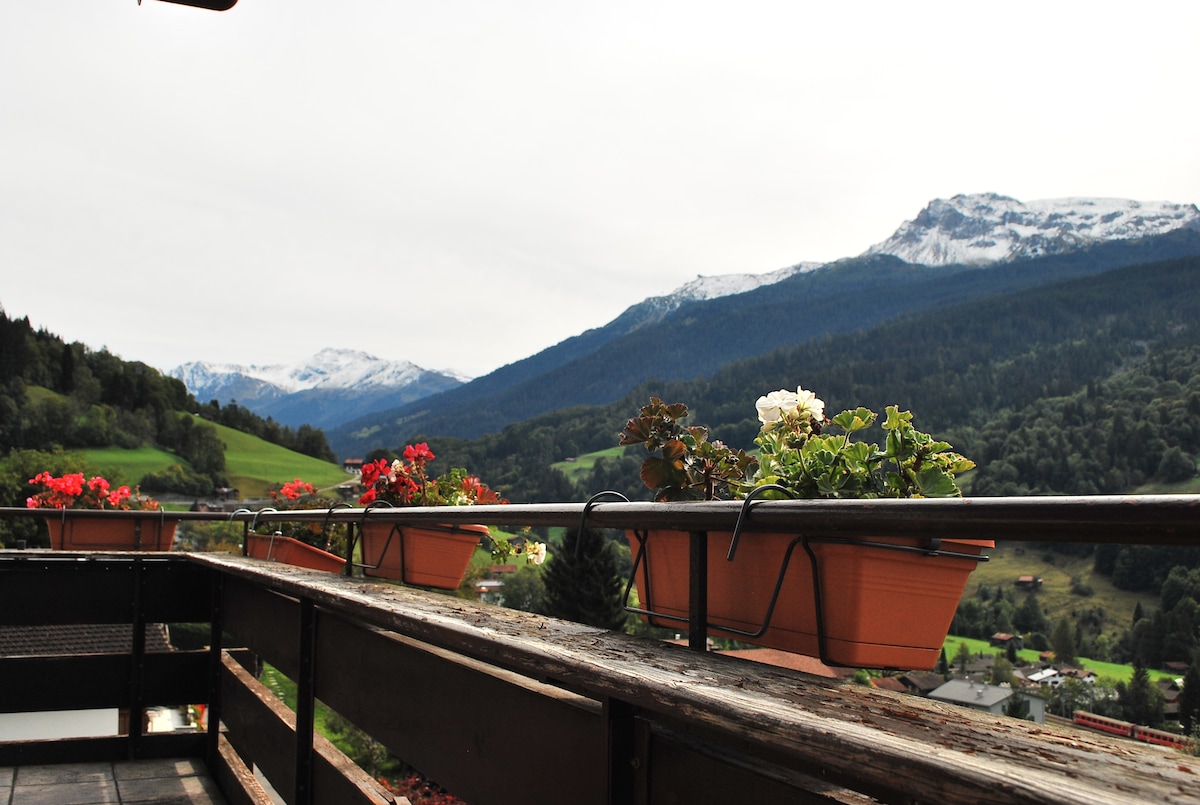 A balcony railing is adorned with flower pots, showcasing vibrant blooms in various colors. The scenic backdrop features lush green hills and snow-capped mountains, with an expansive view of the valley below, allowing for a peaceful outdoor experience.