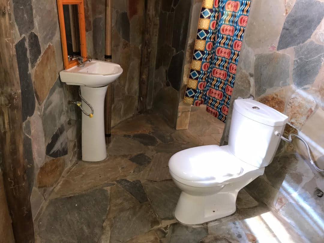 The bathroom features a modern white toilet and a matching pedestal sink. Natural stone tiles create a rustic ambiance, complemented by a colorful patterned shower curtain. Natural light is present, highlighting the materials used in the space.