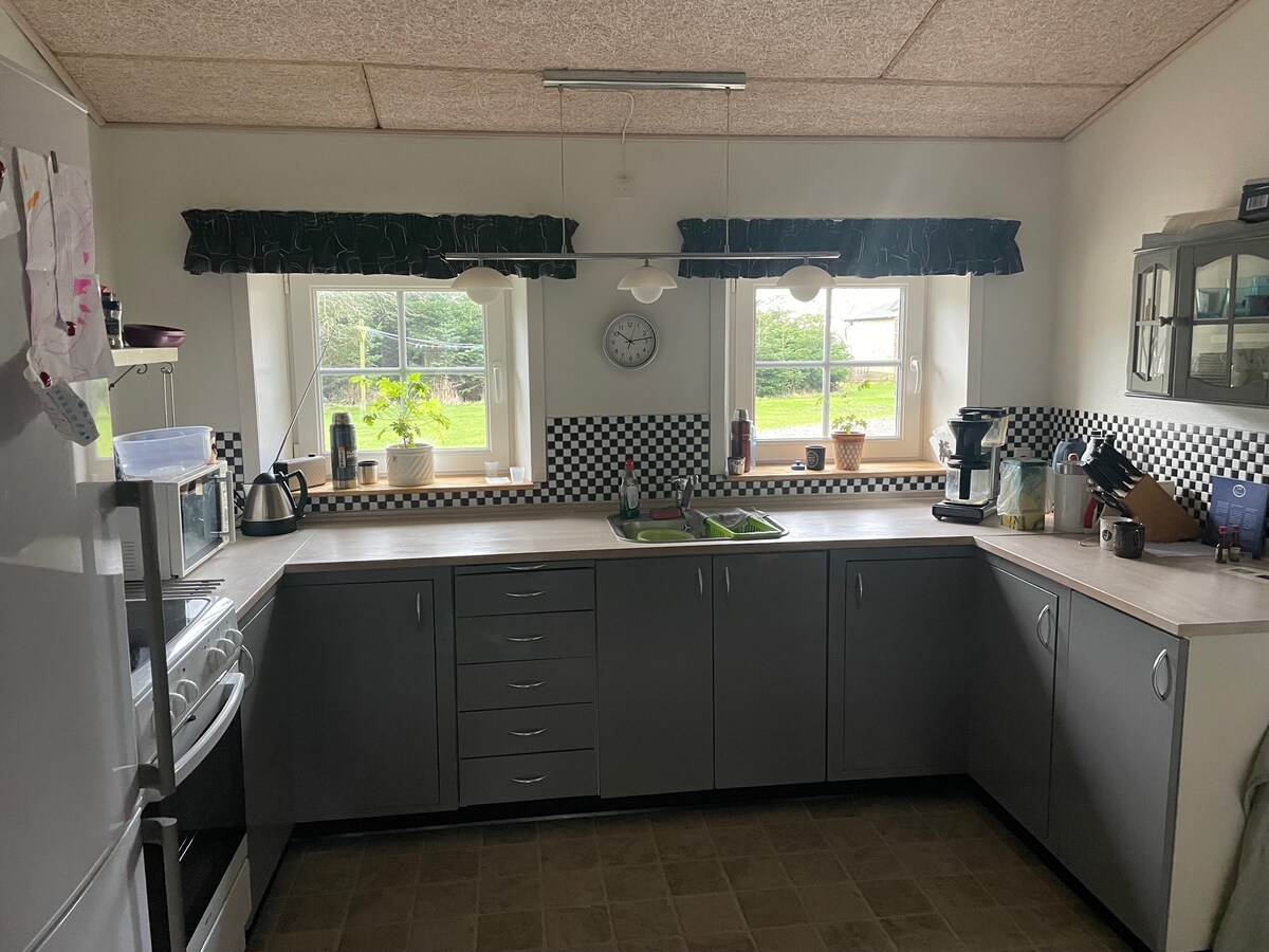 A functional kitchen space is depicted, featuring gray cabinets and a light-colored countertop. Two windows allow natural light to fill the room, with plants visible outside. Essential appliances, including a coffee maker and kettle, are arranged along the counter, enhancing everyday usability.