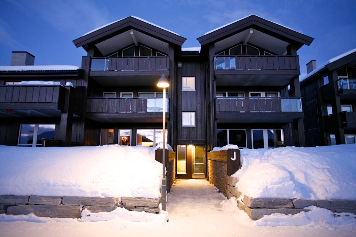 The exterior of a modern building is depicted, featuring multiple levels with balconies and large windows. Snow blankets the ground, creating a serene environment. A pathway leads to the entrance, illuminated by a lamp, enhancing visibility during evening hours.