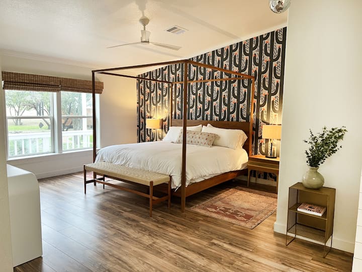 Our primary room has a king bed. The other 2 rooms have Queen beds.