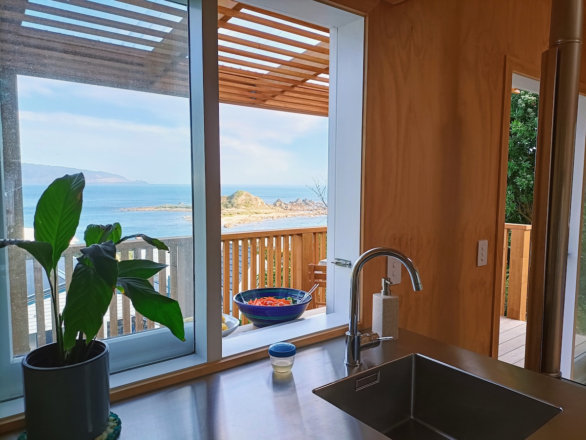 A modern kitchen space features a stainless steel sink opposite large glass windows, offering scenic views of the ocean and surrounding landscape. Natural light floods the area, and a potted plant adds a touch of greenery to the countertop.