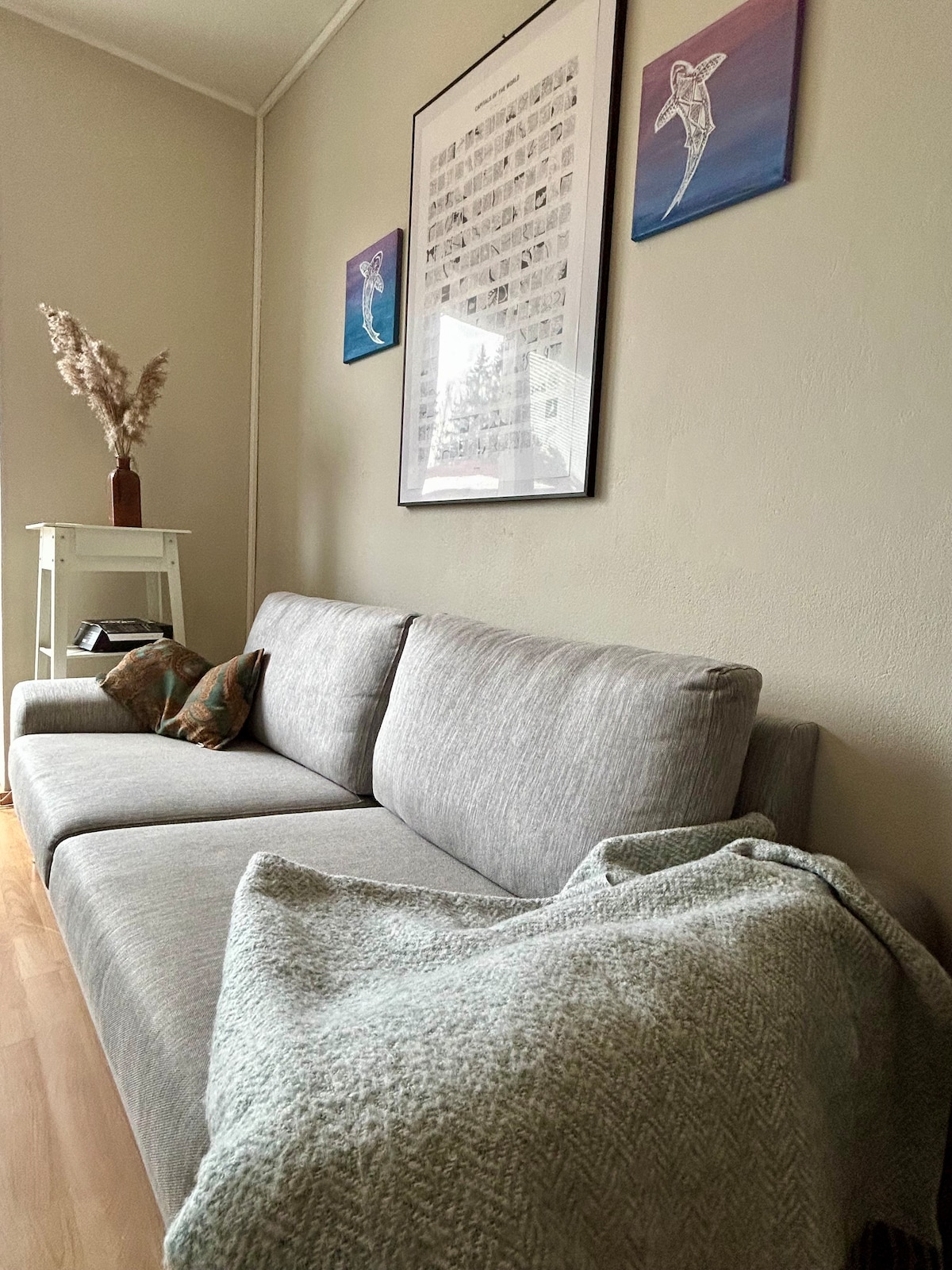 A light grey sofa is positioned against a neutral wall, complemented by two framed artworks above. A small side table with a vase of dried flowers rests nearby, while a soft, textured blanket is draped over the arm of the sofa.
