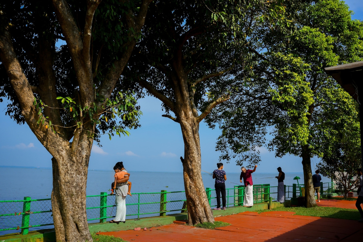 A serene lakeside walkway is lined with tall, leafy trees. The pathway is bordered by a green railing, and several individuals can be seen enjoying the view of the calm water. The clear blue sky adds to the tranquil ambiance of the setting.