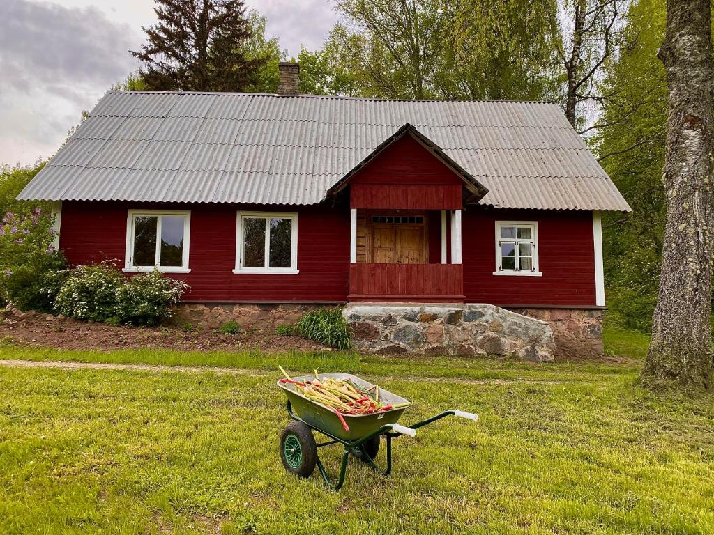 A rustic red farmhouse with a metal roof stands under a cloudy sky, framed by lush greenery. A wheelbarrow filled with wooden logs is positioned in the foreground, highlighting the tranquil outdoor setting. Flowering shrubs are seen along the front of the home.