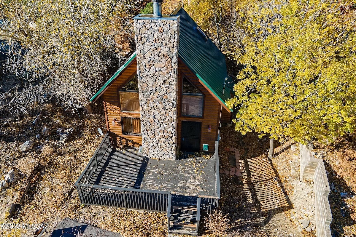 An aerial view of a rustic cabin features a stone chimney and a green metal roof. Wooden decking surrounds the entrance, with leaves scattered across the ground. The natural landscape is evident, showcasing trees with golden foliage.