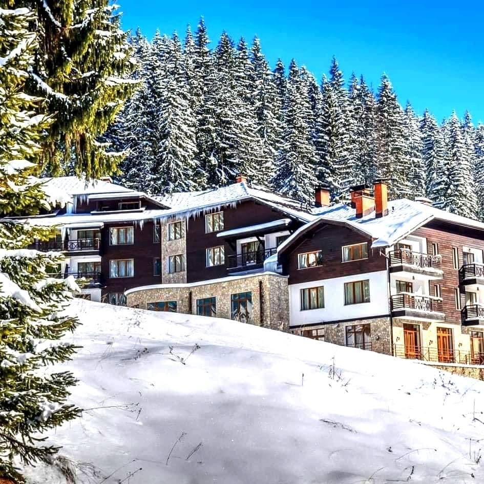 The complex is nestled in a snow-covered landscape, surrounded by tall evergreen trees. The buildings feature a combination of stone and wooden exteriors, with multiple balconies and large windows that reflect the clear blue sky.