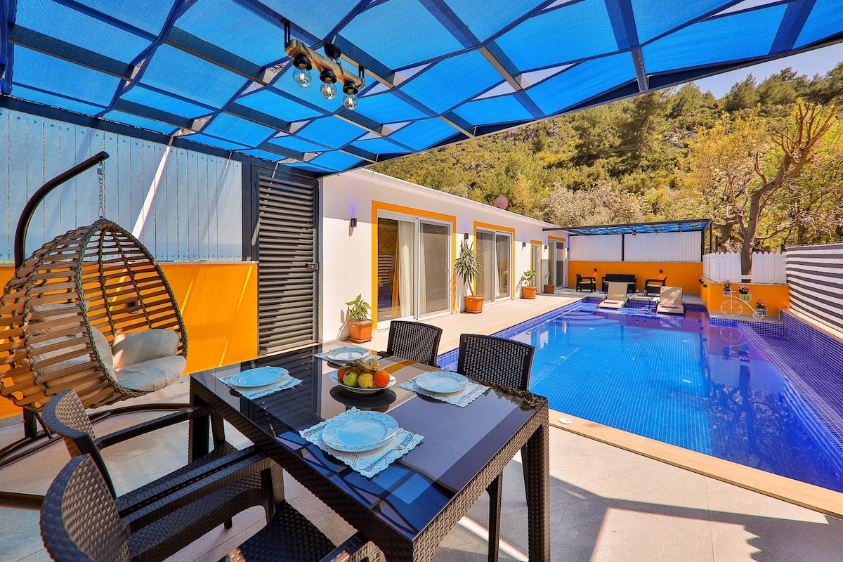 An outdoor dining area features a black table set for four, accompanied by a hanging chair. A vibrant blue pergola provides shade over the space. The pool, with lounge chairs positioned on either side, shimmers invitingly under natural light, surrounded by greenery.
