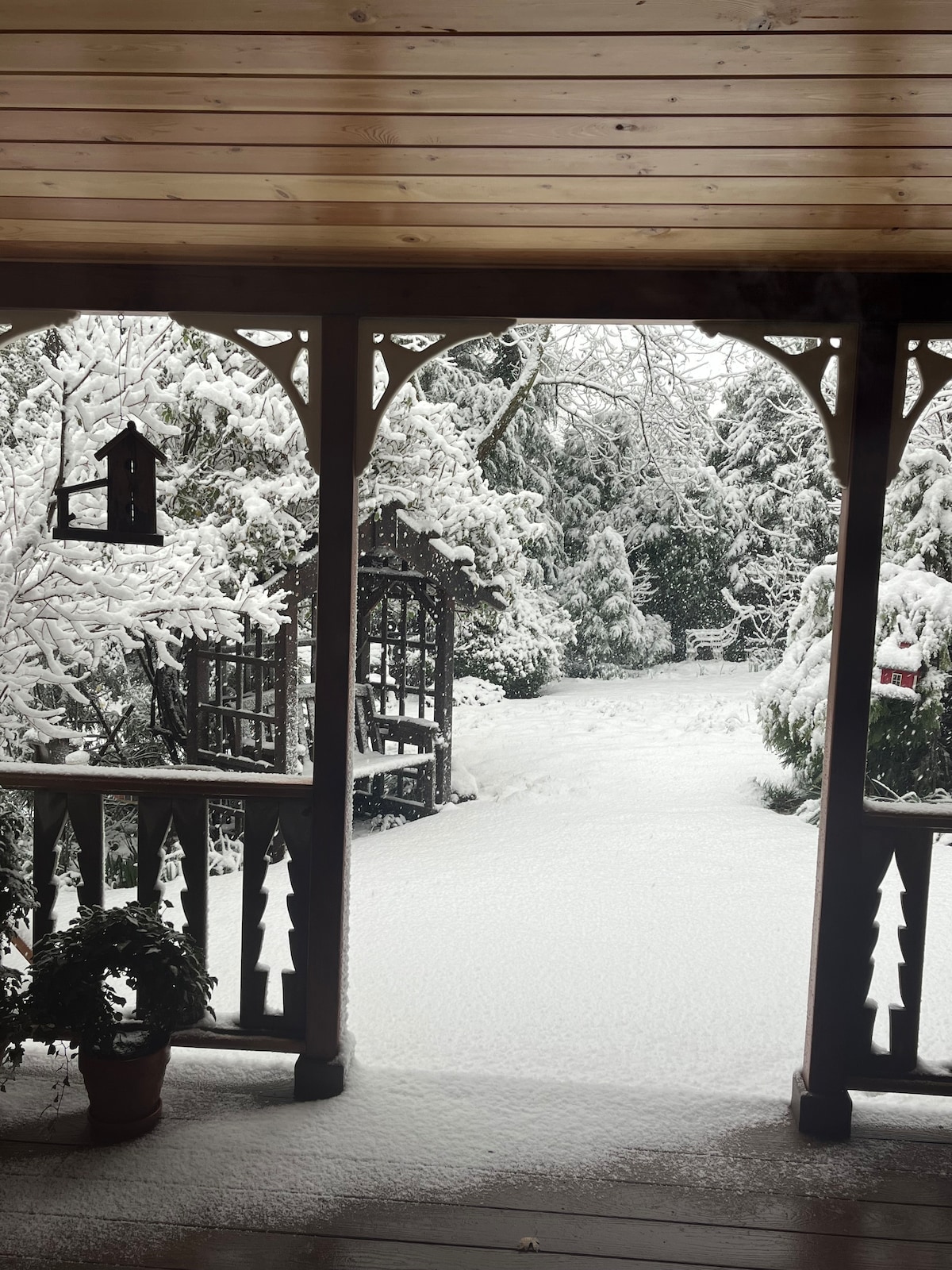 A snow-covered outdoor area is framed by a wooden porch, showcasing a winter landscape. Snow blankets the ground, while trees and shrubs are adorned with a thick layer of snow. A wooden gazebo is visible in the distance, adding to the serene winter scene.