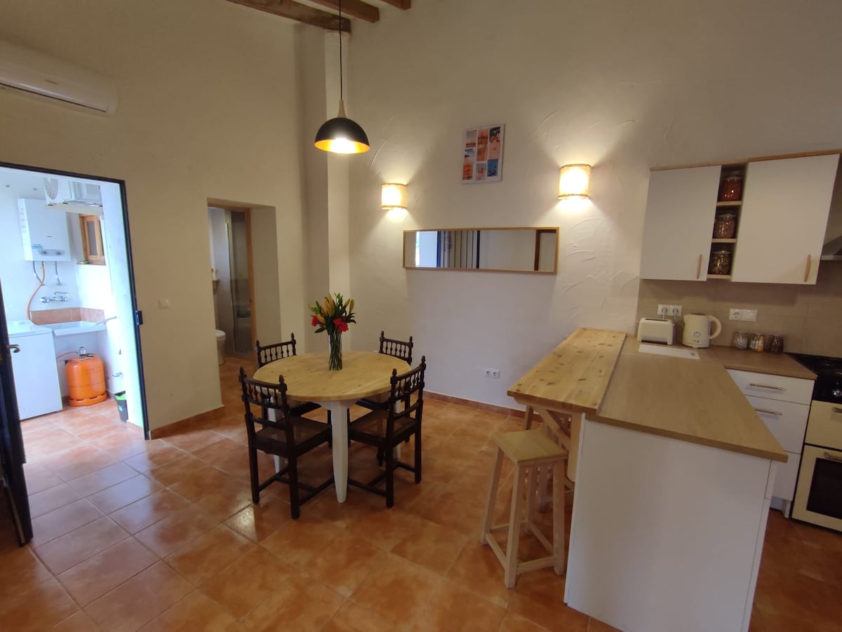 An open kitchen and dining area features a large wooden table surrounded by four black chairs. Warm light fixtures illuminate the space, which also includes a wooden countertop and an entrance to the kitchen with appliances. A mirror reflects the cozy atmosphere.