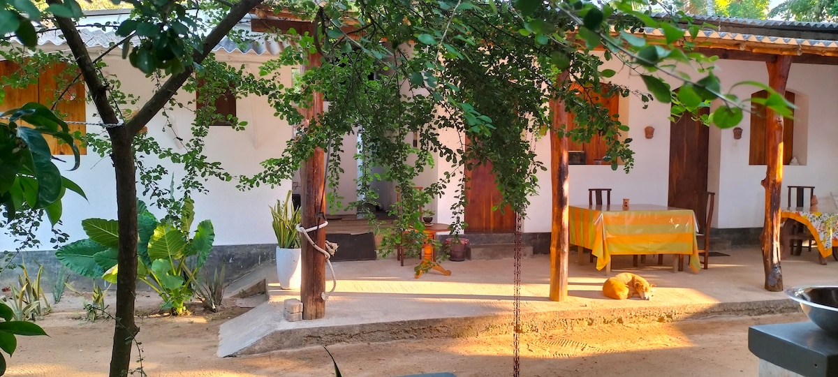 A serene outdoor area is framed by lush greenery and features a smooth pathway leading to a simple, inviting table set under a shelter. Light wooden chairs accompany the table, and a relaxed dog rests on the sandy ground.