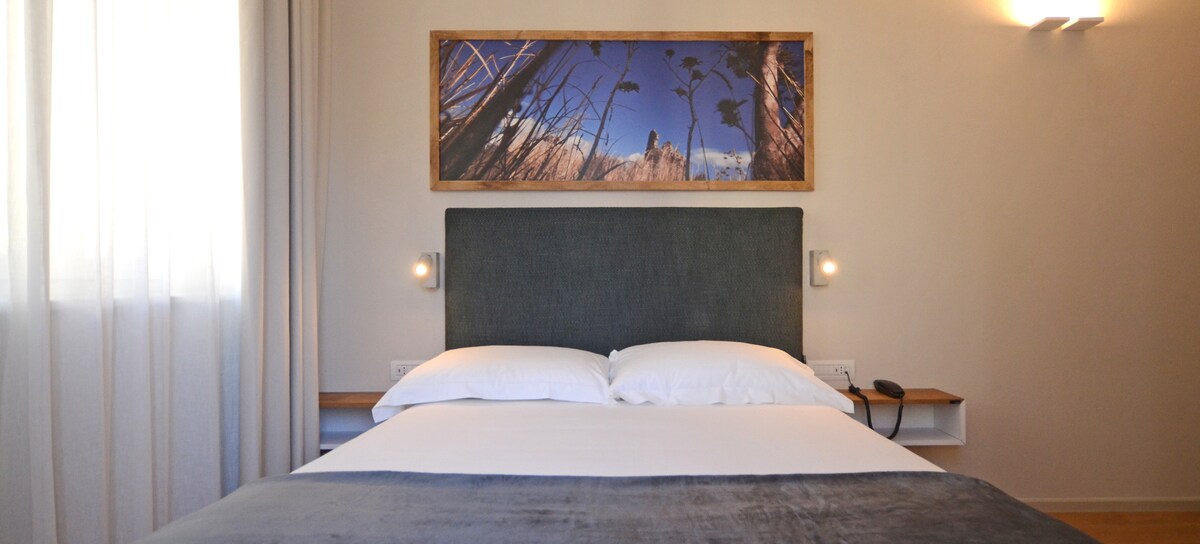 A spacious bed is featured with a light-colored bedspread and contrasting cushions. Flanking the bed, minimalist nightstands are equipped with wall-mounted lamps. Above, a nature-themed artwork complements the neutral wall, while soft curtains allow natural light to filter into the room.