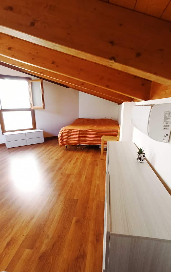 开放式阁楼，配有两张单人床和冰箱吧台 