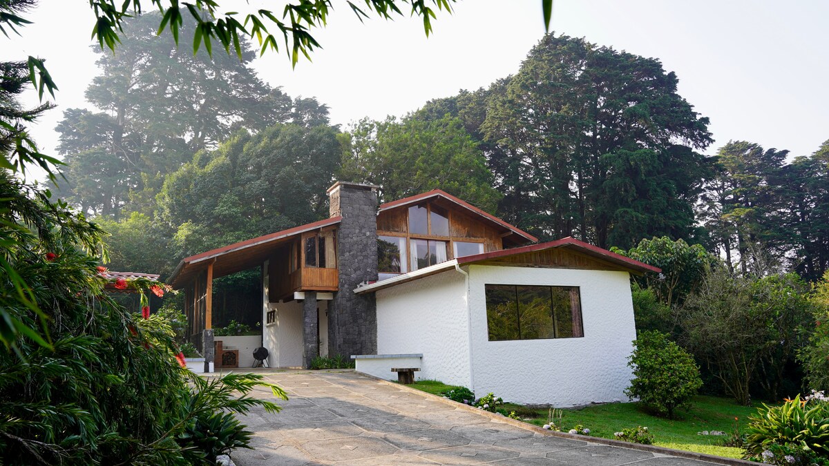 The exterior of a mountain chalet is showcased, featuring a combination of wooden and stone elements. Lush greenery surrounds the structure, enhancing its natural setting. A spacious driveway leads to the entrance, with a large window reflecting the peaceful surroundings.