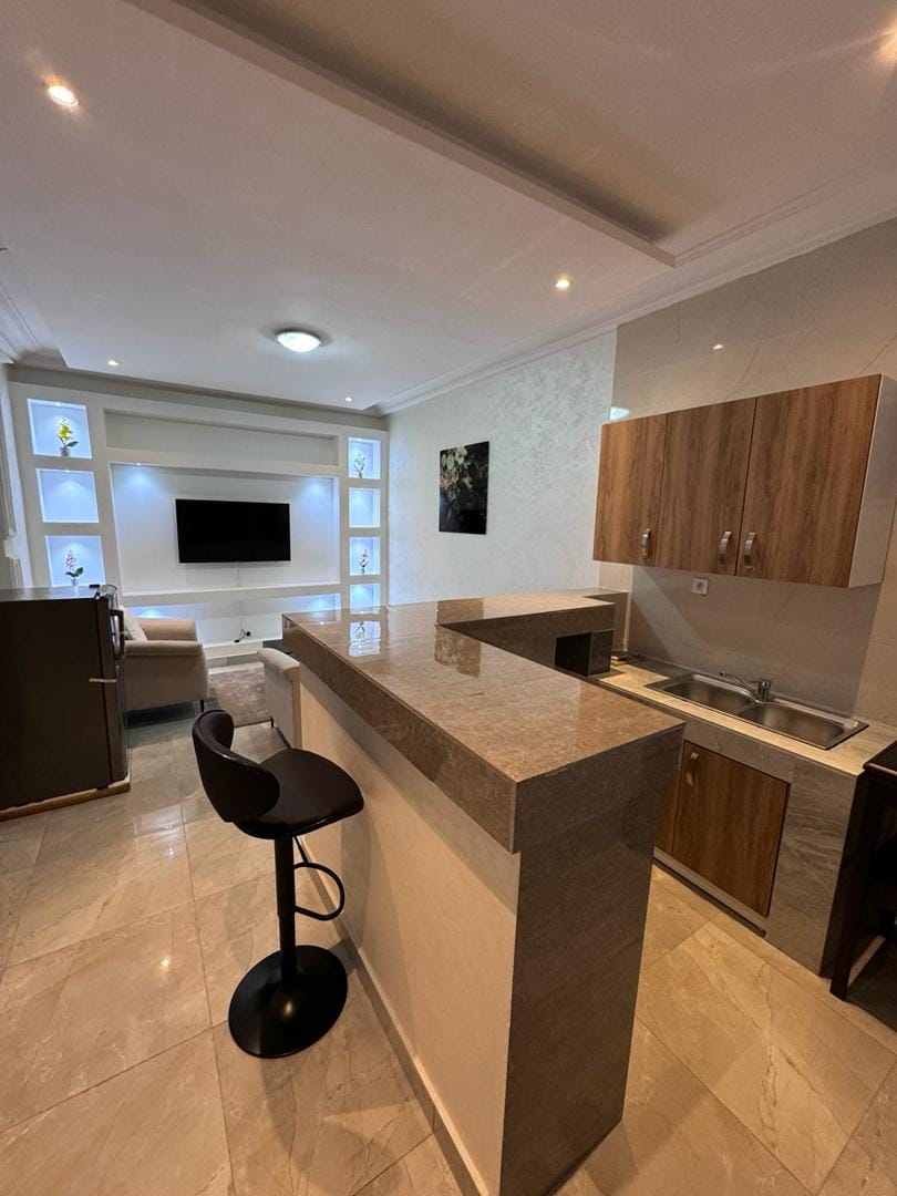 A modern kitchen area is featured with sleek countertops and wooden cabinetry. A bar-style stool is positioned at the counter, while a small sink and kitchen appliances are visible. Natural light fills the space, creating a bright and functional atmosphere.