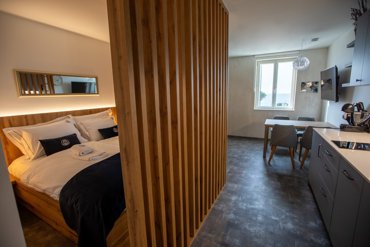 ห้องนั่งเล่นพร้อมเตียงและห้องครัว