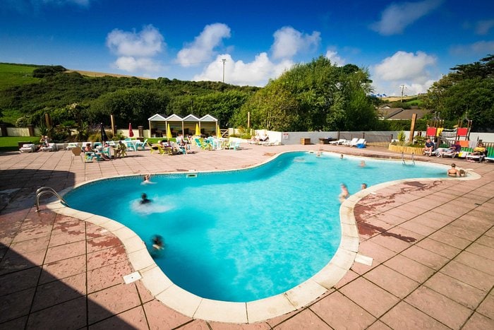 Outside pool and sun loungers area at Newquay Bay Resort.