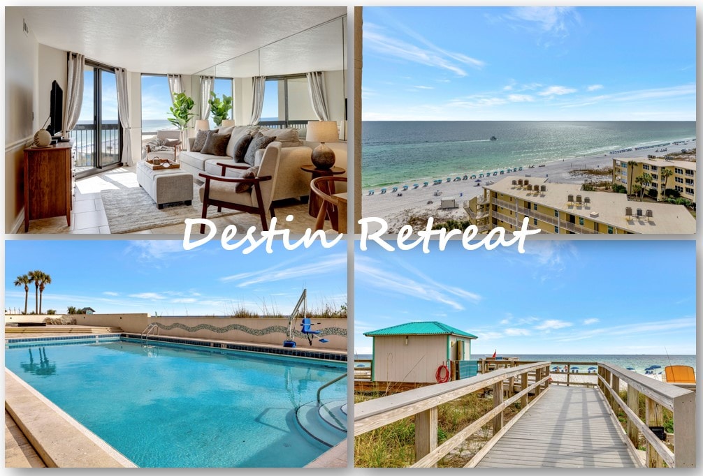 The living area features large windows offering expansive views of the Gulf coastline, with natural light flooding in. An inviting sofa sits adjacent to a wooden side table. The outdoor pool is visible, along with a direct pathway leading to the beach.