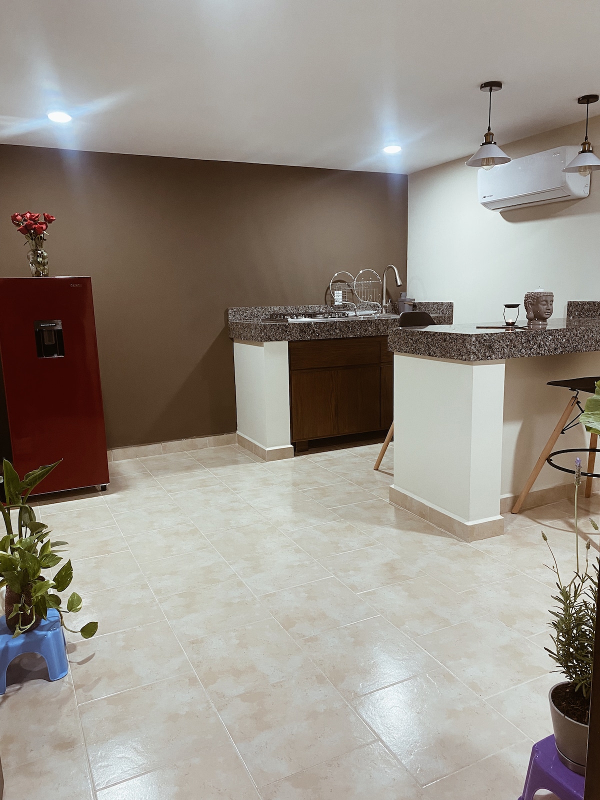 A modern kitchen space features polished granite countertops with a sink and refrigerator. A small dining area is present with a couple of stools and decorative plants arranged on the floor. Soft lighting from ceiling fixtures creates a welcoming environment.