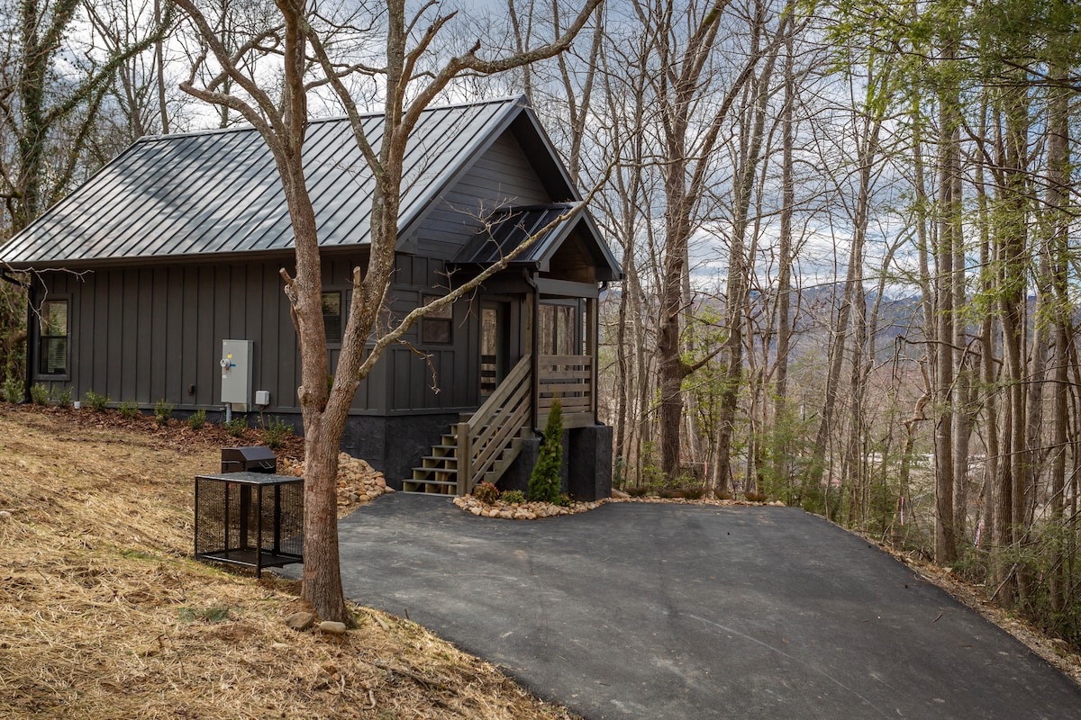 The cabin is situated in a natural setting, surrounded by mature trees. The exterior features a sloped roof and a mix of horizontal siding. A stone path leads to the entrance, complemented by a small landscaped area. A paved driveway accommodates parking.