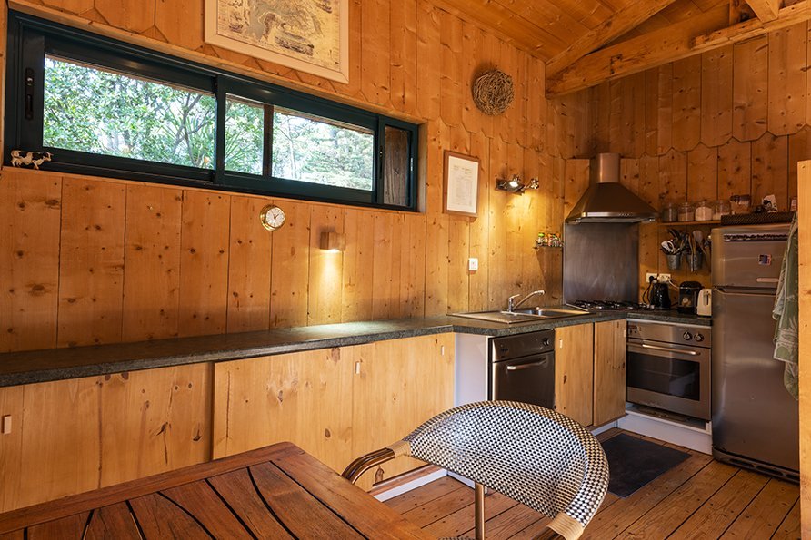 The kitchen area features wooden paneling and a spacious countertop, equipped with a stove, oven, and refrigerator. Large windows provide natural light and views of the surrounding greenery. A dining table and a metal chair complement the rustic design.