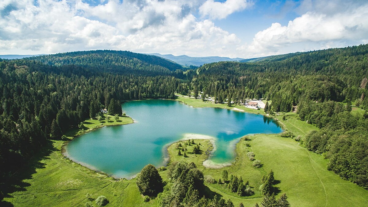 An aerial view captures a serene lake surrounded by lush greenery and trees. The water reflects the sky, creating a tranquil scene. Rolling hills are visible in the background, complementing the peaceful landscape.